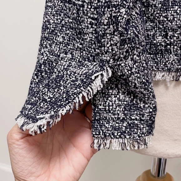 Tweed Fringe Trim Blazer-Navy Blue & White- Timeless Style - Picture 11 of 16